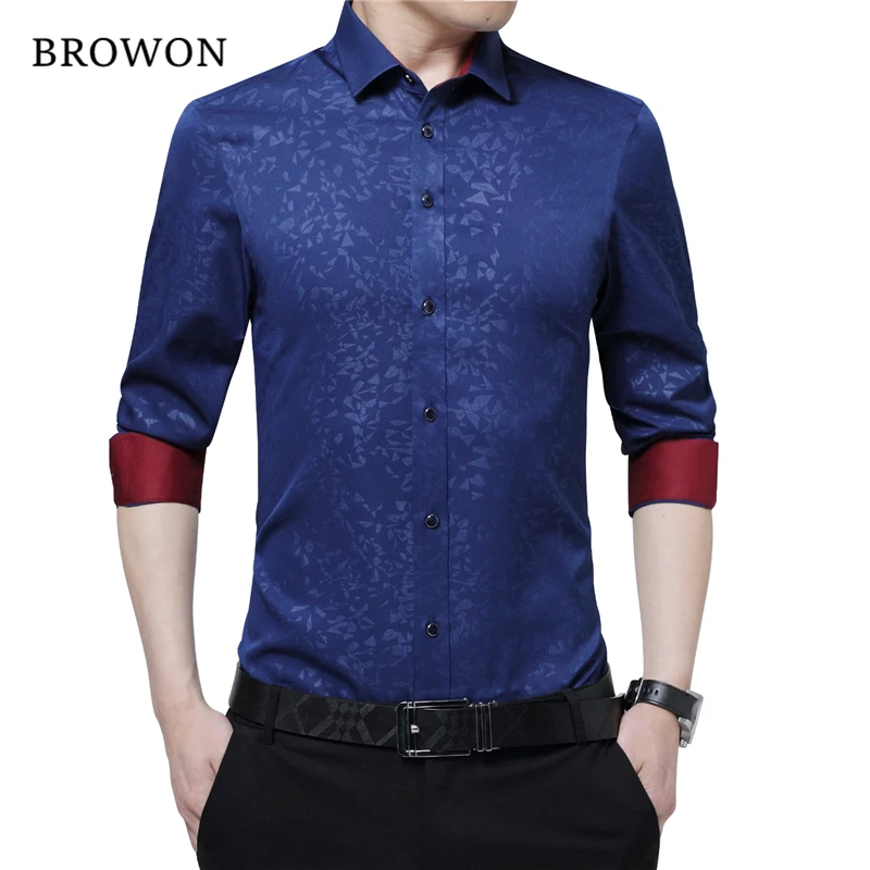 BROWON новейшая Мужская рубашка размера плюс с длинным рукавом, не железная Мужская рубашка с цветком, мужская рубашка для бизнеса, импортируется из Китая - Цвет: Navy