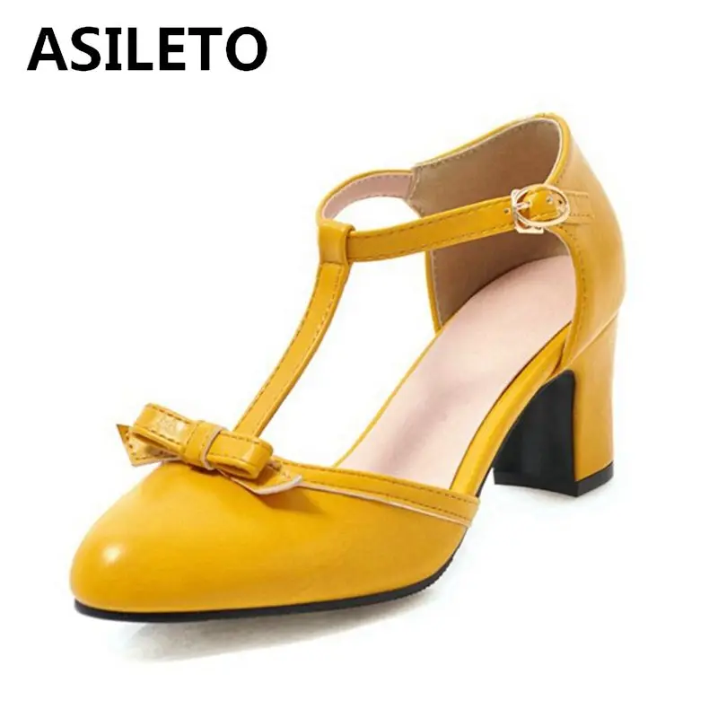 

Girseaby women's sandals thick high heel woman bow mary jane shoes Pointed Toe buckle girl party shoes yellow black Plus size 46