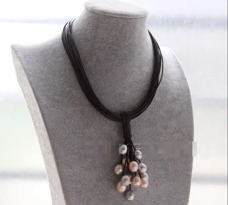 

FREE SHIPPING HOT sell new Style >>>>New 15Strands wine-red leather pink gray pearls Choker necklace pendant E2254