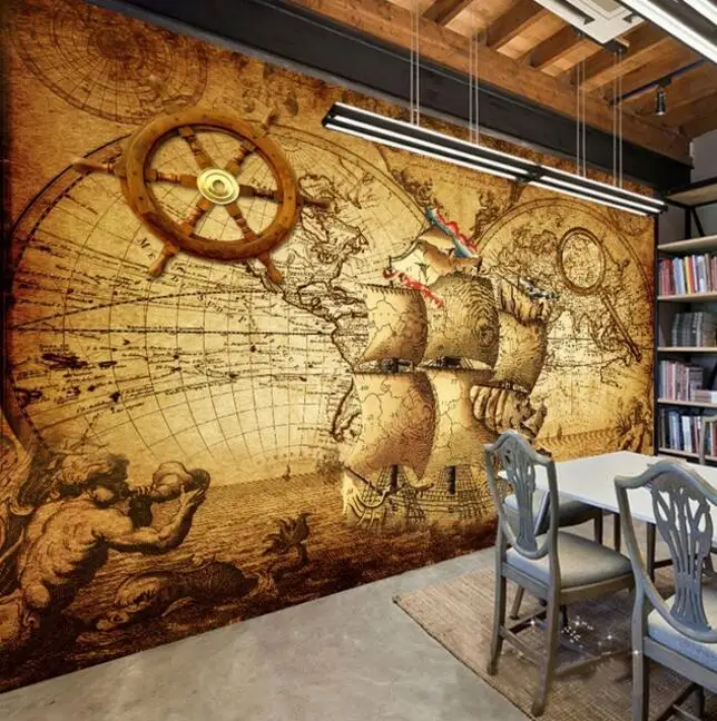 

Retro Nostalgia Poster 3D Room Wallpaper Custom Mural Non-woven Wall Paper Decor Navigation Sailing World Map Mural Paintings