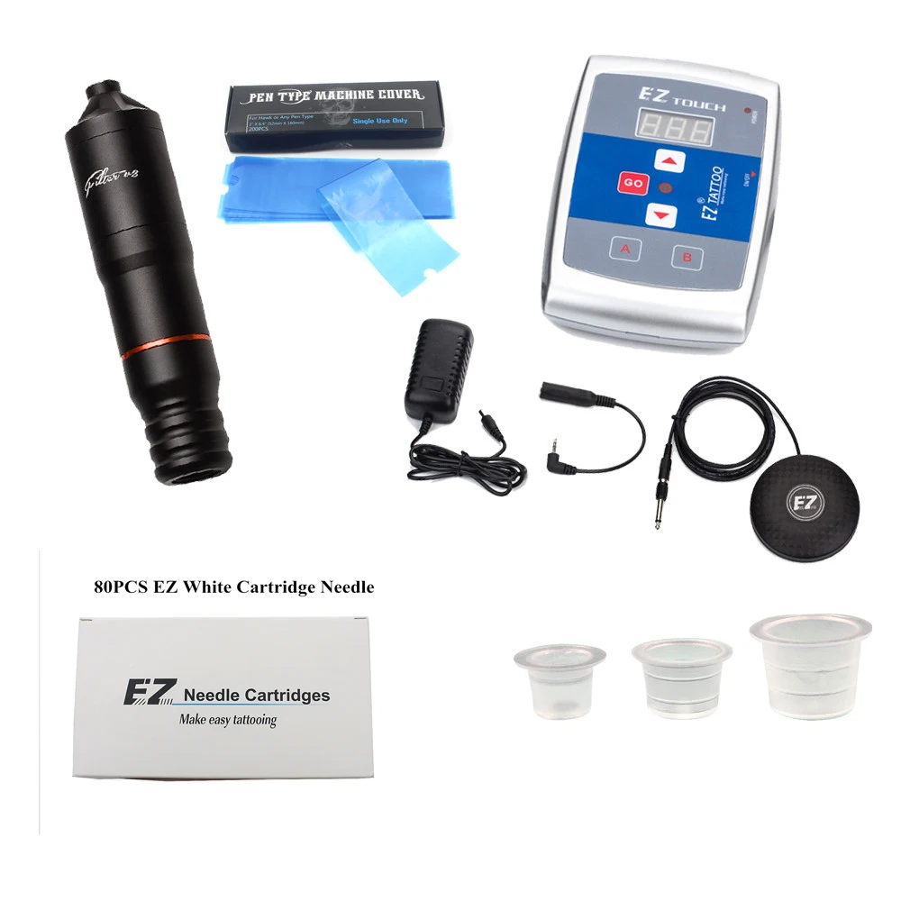 EZ Filter V2 Cartridge Tattoo Pen 80 EZ Needle Cartridge Tattoo Power Supply Foot Pedal Switch complete Tattoo Kit Free Shipping EZ Filter V2 Cartridge Tattoo Pen 80 EZ Needle Cartridge Tattoo Power Supply Foot Pedal Switch complete Tattoo Kit Free Shipping