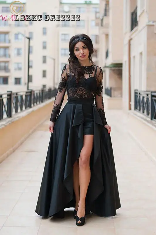 

Satin Evening Dress Long Sleeve Short Front Long Back Lace Two Pieces Custom Made Asymmetrical High Low Formmal Women Gown 2019