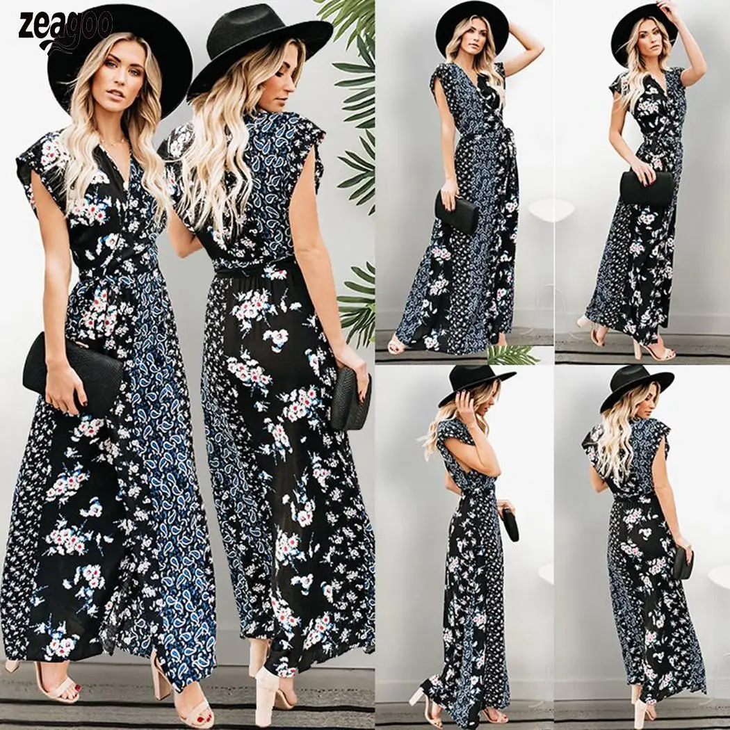 Women Fashion Floral Print Casual Spaghetti Strap Split Summer Beach Below Knee None Natural Dress V Neck