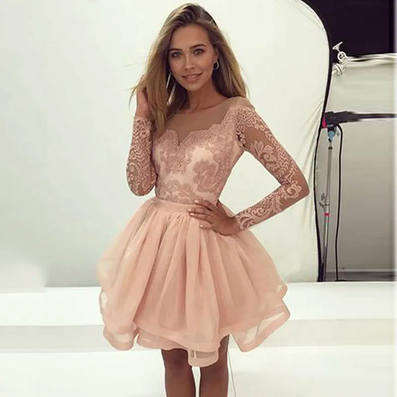 Модное розовое платье с длинными рукавами и кружевной аппликацией, плиссированное Пышное мини-платье из органзы для выпускного бала