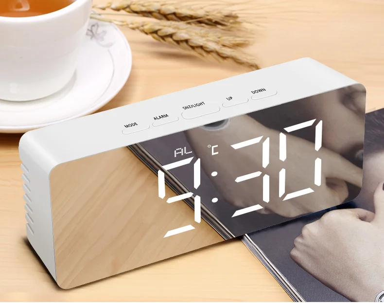 Mirror Decor Date Snooze Temperature USB Desk Clock LED Night Light Modern Home Office Decoration Night Lamp Table Clock Light