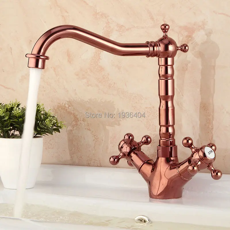 

New Arrival Basin Rose Golden Faucets Antique Swan Brass Deck Mounted 360 Rotation Swivel Mixer Taps hot and cold Crane RS327