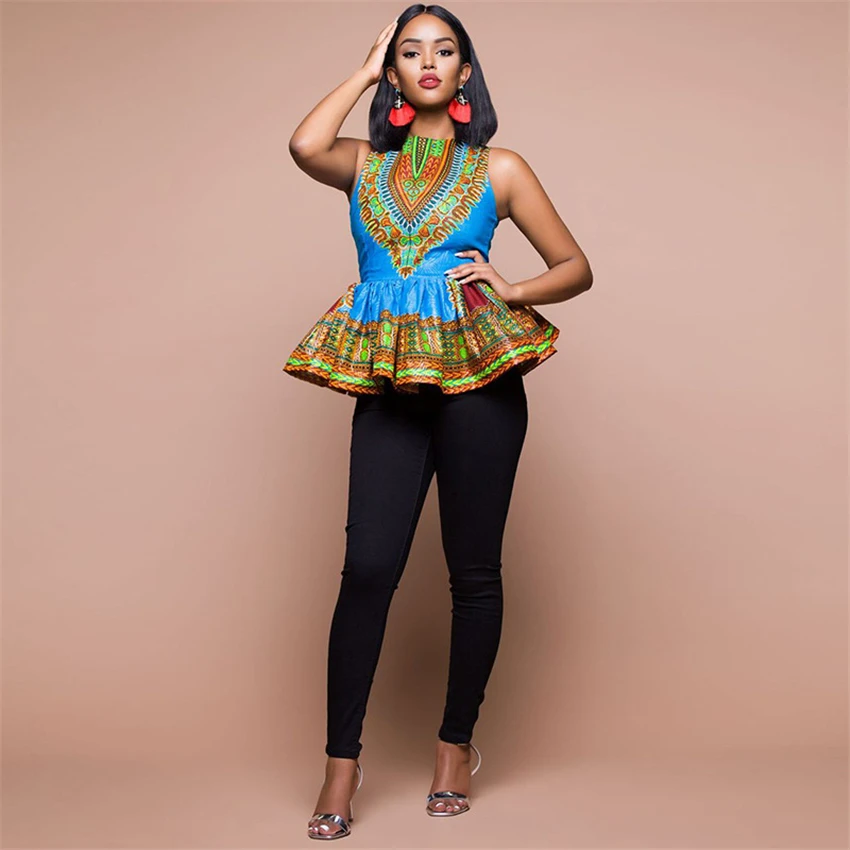 

2019 African Fashion Clothing Woman Print Ruffle Top Summer Sleeveless High Waist Dashiki Africa Style Women Mini Dress