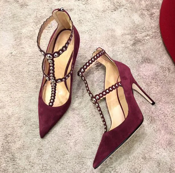 Весенние модные женские туфли из искусственной замши бордового цвета с Т-образным ремешком на высоком каблуке; пикантные женские туфли-лодочки с острым носком; элегантная обувь для вечеринок - Цвет: Burgundy 10cm