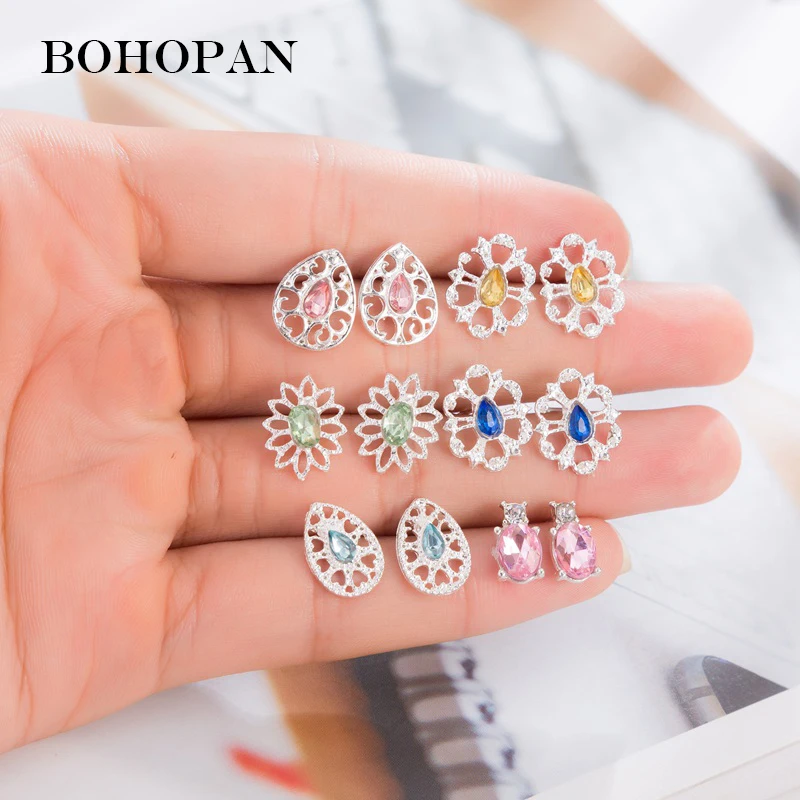 

Colorful Gem Stud Earrings Set For Women Hollow Alloy Earrings Fashion Simple Crystal Geometry Jewelry Accessories Mix Bijoux