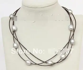 

Adjustable 16 "3row gray beads red wine leather necklace>>> women jewerly Free shipping