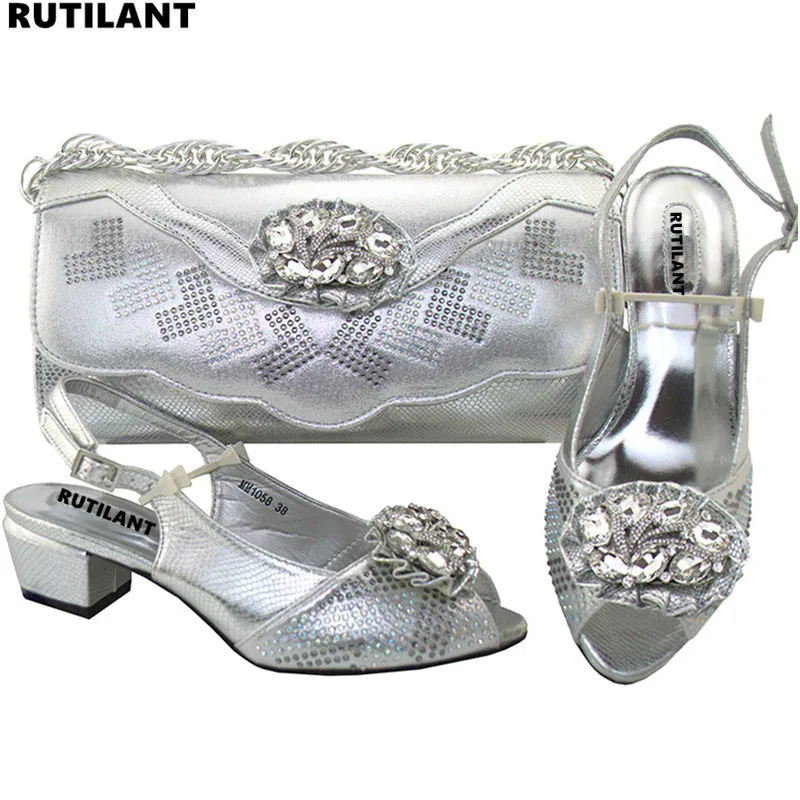 

Sliver Color Matching Women Shoes and Bags Set Decorated with Rhinestone African Wedding Shoes and Bag Set Party Shoes and Bag