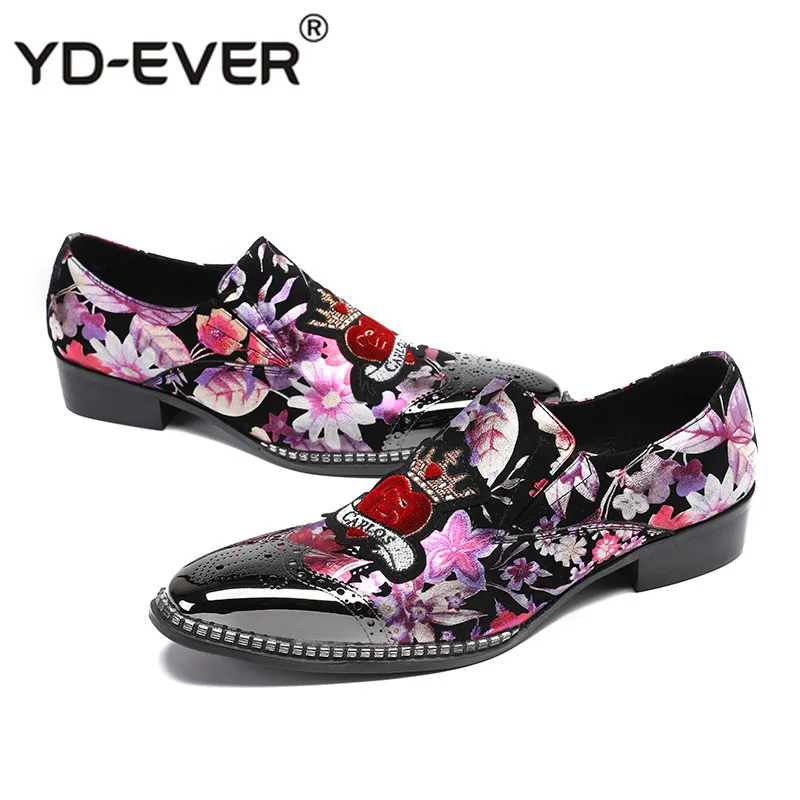 

Luxury Design Men Party Wedding Shoes Genuine Leather Flat Casual Shoes Suede Slip On Men Loafers Floral Printed Stage Shoes