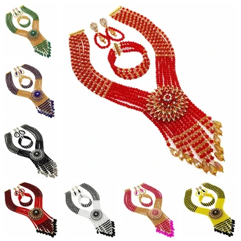 

New Fashion Crystal Bead Multi Strands Necklace Bracelet Earrings Nigerian Wedding African Beads Jewelry Set 6C-SDLS-001