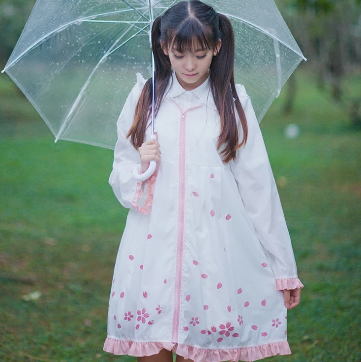 Cute Sweet Lolita Style Sakura Printing Raincoat Cherry Blossom When Meet Water Feminino Women White Raincoats Elegant Raindress