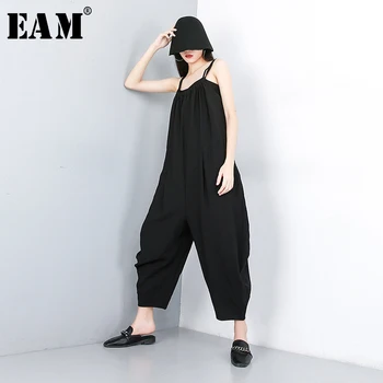 

[EAM] 2020 New Spring Autumn High Waist Pocket Stitch Black Leisure Wide Leg Loose Pants Women Jumpsuit Fashion Tide JW911