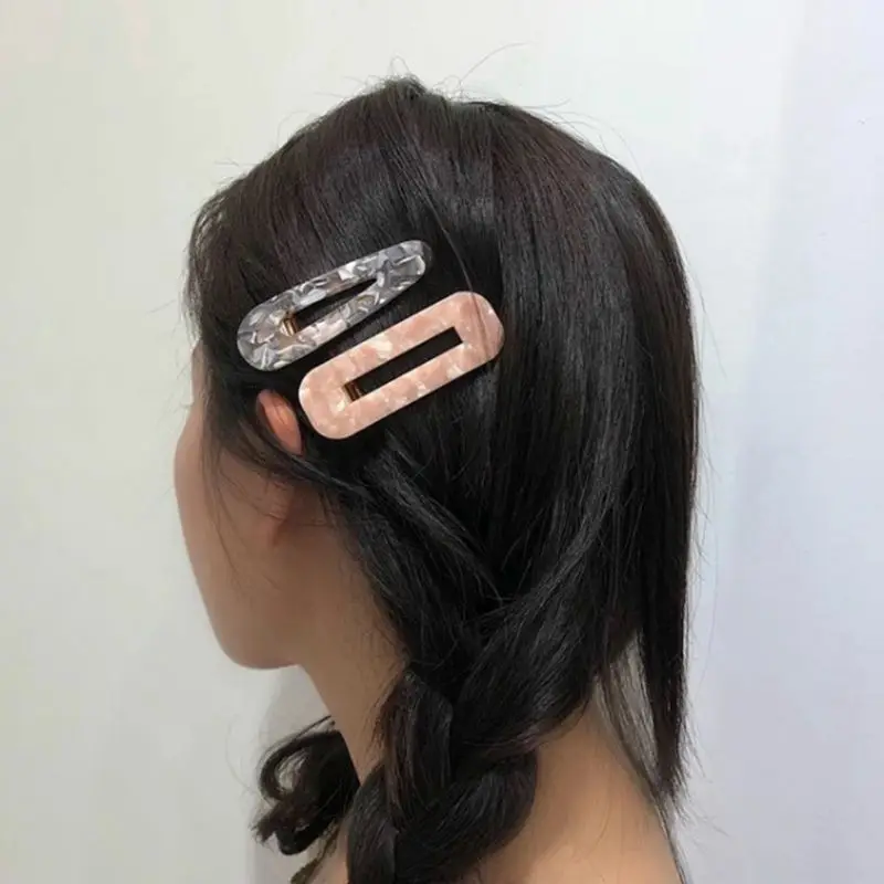 Women Girls Japanese Style Side Hair Clip Hollow Geometric Water Drop Shape Duckbill Hairgrips Colored Marble Textured Printed