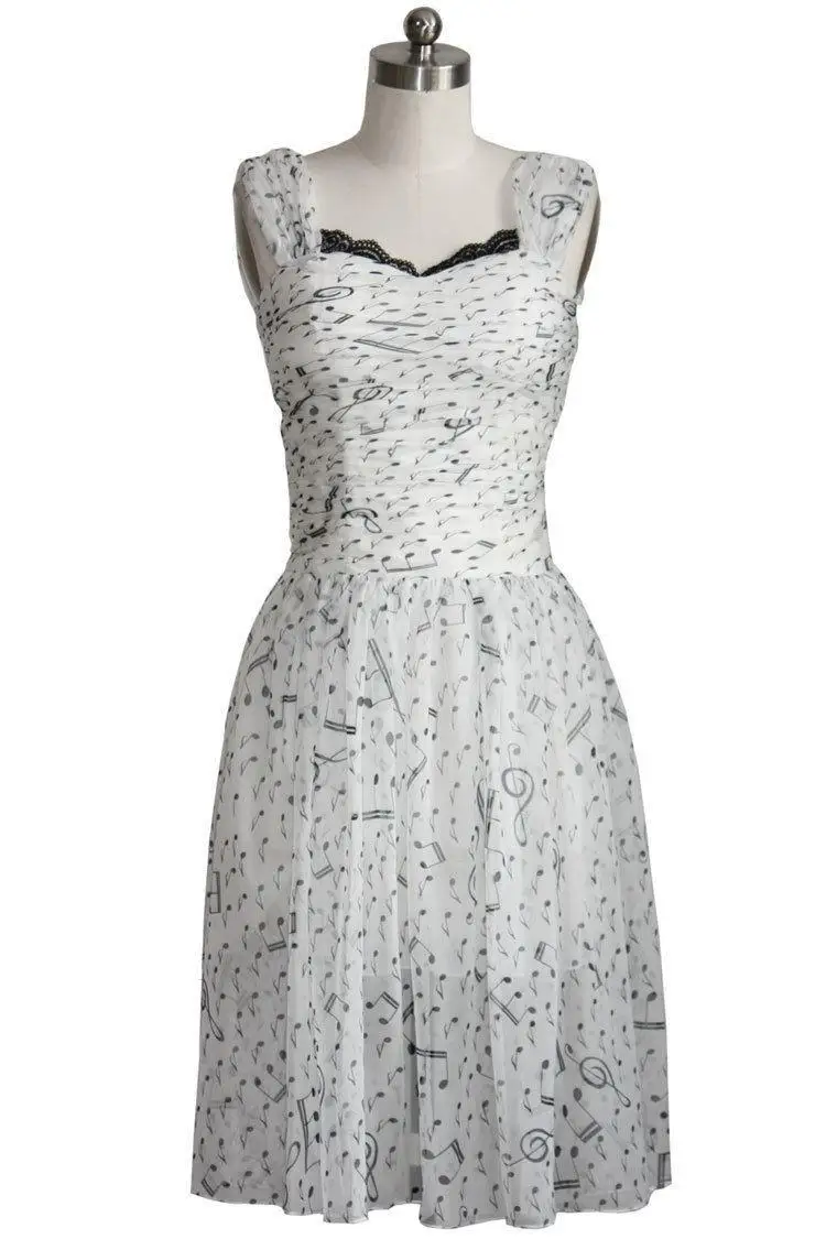 Woman Summer Sexy Backless Printed Musical Note Chiffion Dress Lace