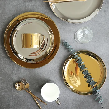 

Nordic Gold&Silver Ceramic Titanium Steak Plate Western Dish Mug Coffee Cup
