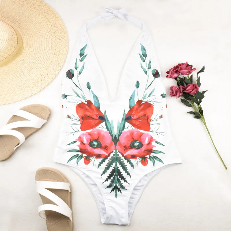 Сексуальный цельный купальник с принтом бюстгальтер для женщин летняя одежда для пляжа больших размеров купальник с открытой спиной элегантный цветочный пуш-ап женский бюстгальтер - Цвет: Белый