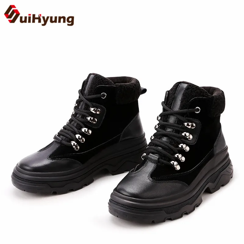 

Suihyung Women Winter Warm Snow Boots Solid Real Leather Lace-up Martin Boots Fleece Wedges Platform Cotton Shoes Female Booties