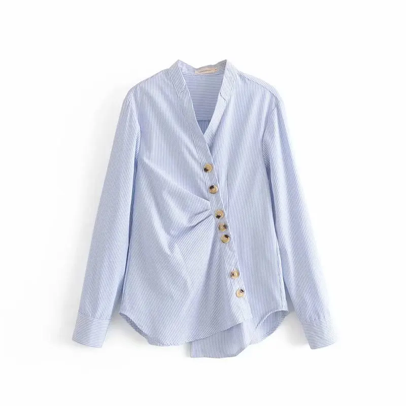CS653 для женщин Мода Нерегулярные полосатый принт плиссированные рубашки для мальчиков Дамы Chic V образным вырезом Блузка с длинными рукавам