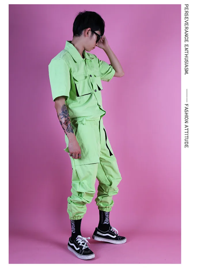 В стиле панк светло зеленый большой карман комбинезон комплект для мужчин платье для выступлений ночного клуба Бар этап костюмы Комбинезоны для малышек джаз хип хоп