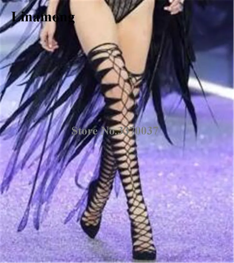 Ladies Sexy Pointed Toe Black Suede Leather Lace-up Over Knee Gladiator Boots Cut-out Long High Heel Boots Dress Shoes Ladies Sexy Pointed Toe Black Suede Leather Lace-up Over Knee Gladiator Boots Cut-out Long High Heel Boots Dress Shoes