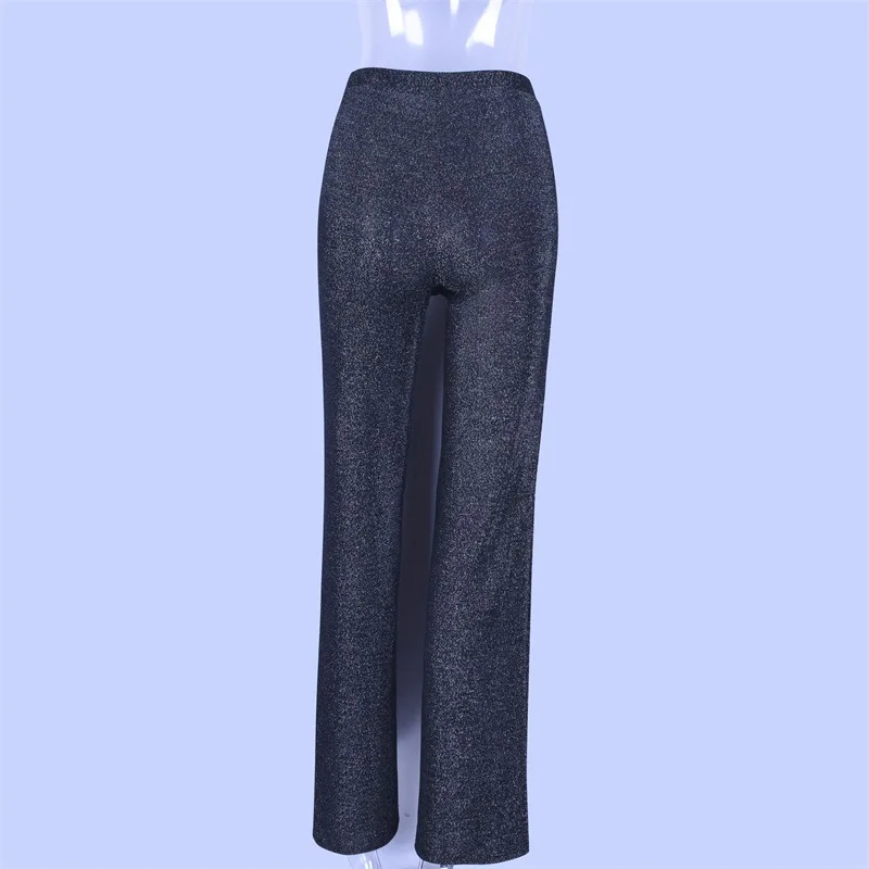 Qiuxuan Эластичный Высокая талия блеск вязать для женщин брюки для девочек демисезонный модные повседневное Длинные прямые брюки женский