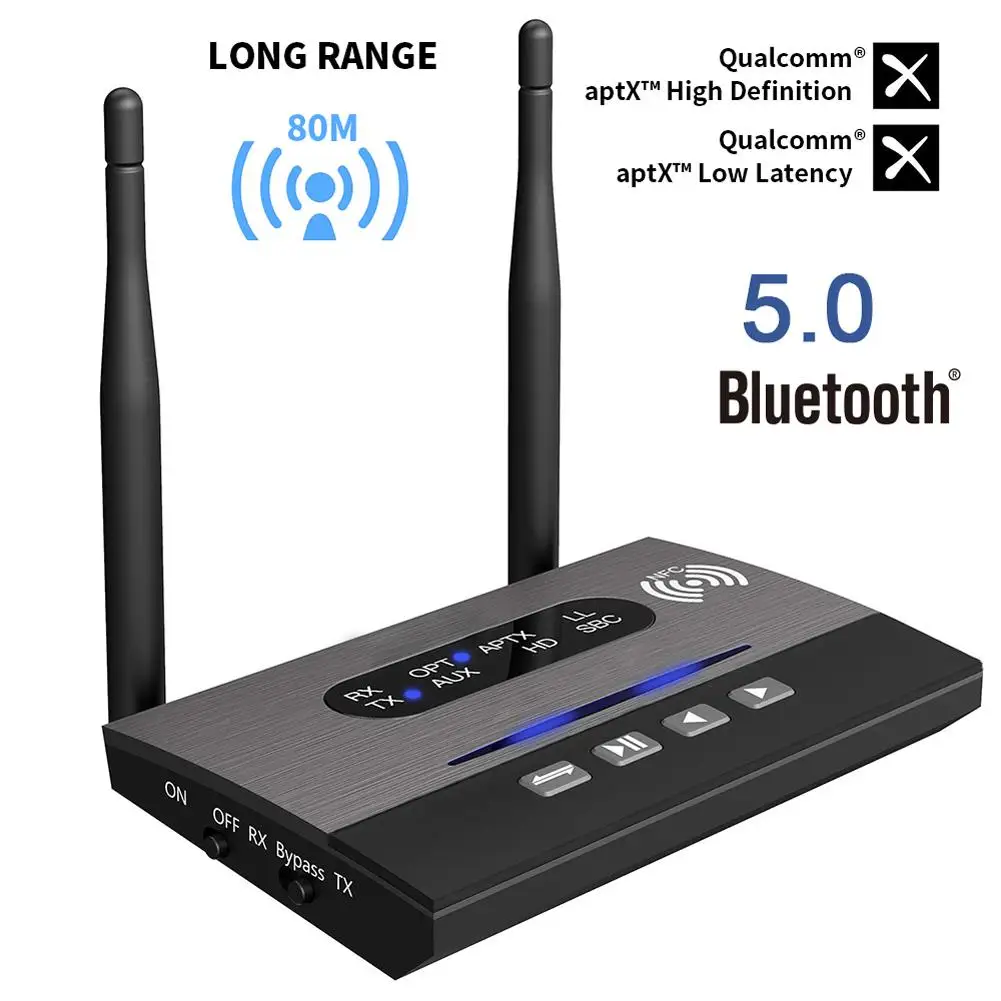 

Long Range 328ft/80m Bluetooth 5.0 Transmitter Receiver BYPASS NFC Audio Adapter APTX HD & Low Latency Optical RCA 3.5mm AUX