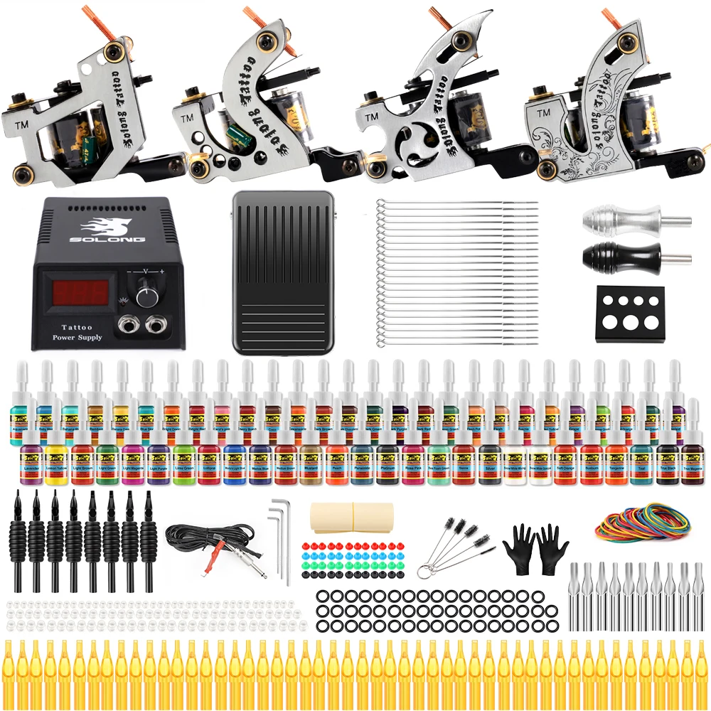 Наклейки тату полный стартовый набор для начинающих татуировки 4 профессиональная машинка 54 Чернила Электропитание педаль Иглы ручки TK459