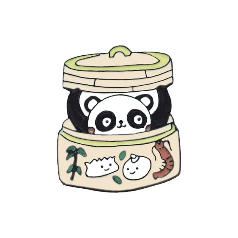 Best Panda Bun Metal Enamel Brooch Cute Cartoon Dumpling Steamer Badge Pin Chinese Character Trendy Costume Backpack Jewelry Gift