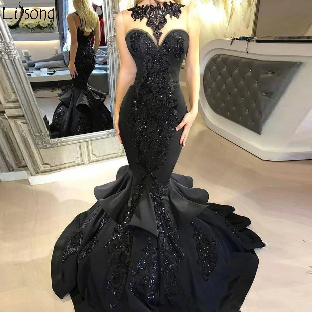 2018 New Stunning Black Long Evening Dresses Beaded Appliqued Cascading Ruffled Mermaid Court Train Backless Formal Party Prom Gowns249