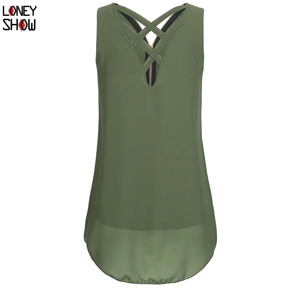 Loneyshow Zipper Cross Chiffon Shirt 2018 Sexy Women Summer Office Style Sleeveless Patchwork V-Neck |