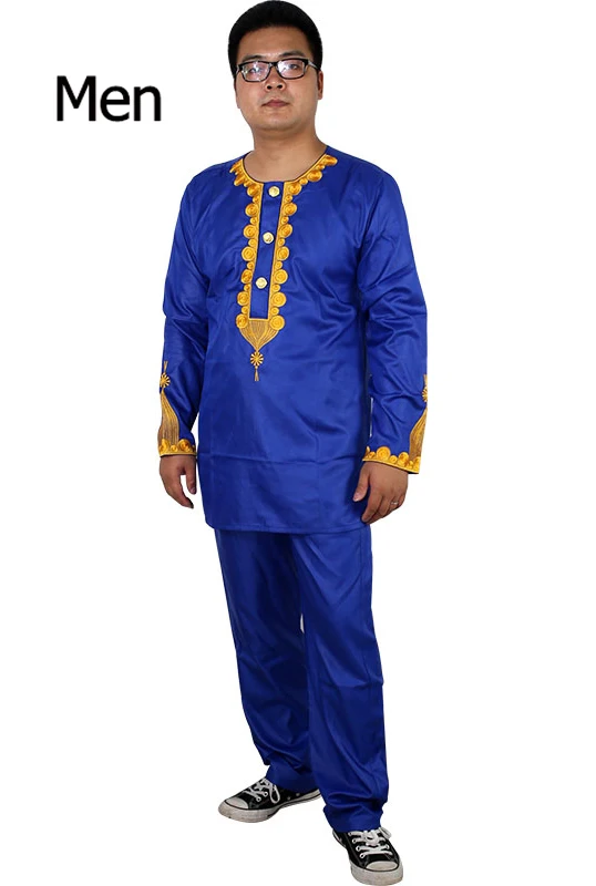 Африканская детская одежда Базен Риш Дашики мужская одежда в африканском стиле Южная Африка рубашка брюки 2 шт костюмы комплект для родителей - Цвет: men royal blue