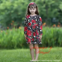 New Design Girls Red Rose Printed Dress Long Sleeve Ruffle Dresses Retail Kids Girls Autumn Clothing