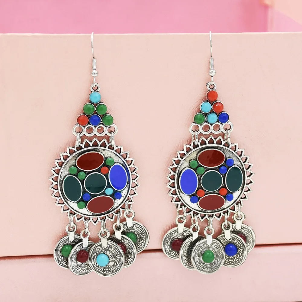 Этнические винтажные серебряные турецкие ювелирные изделия с головой монетки, разноцветные индийские серьги Jhumka, вечерние ювелирные изделия в цыганском стиле
