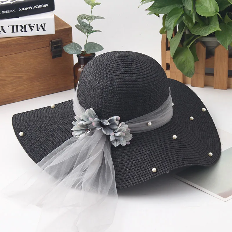 Women Flower Foldable Straw Hat Fashion Pearl Mesh Cap Summer Ladies Wide Wave Brim Beach Hats Handmade Sun Caps CP0221 (1)