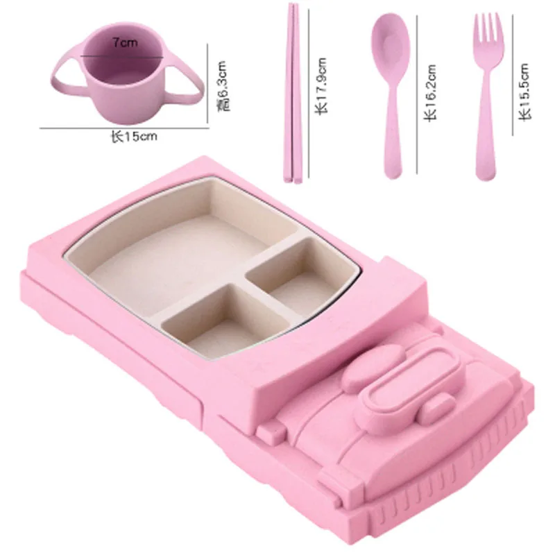 Pink Train Set 5 шт. в партии, нижнее белье с рисунками Чаша плиты натуральная Пшеница соломенная шляпа прекрасный поднос для ланча посуда детская чашка, столовая посуда детская Пластик посуда - Цвет: Pink Train Set