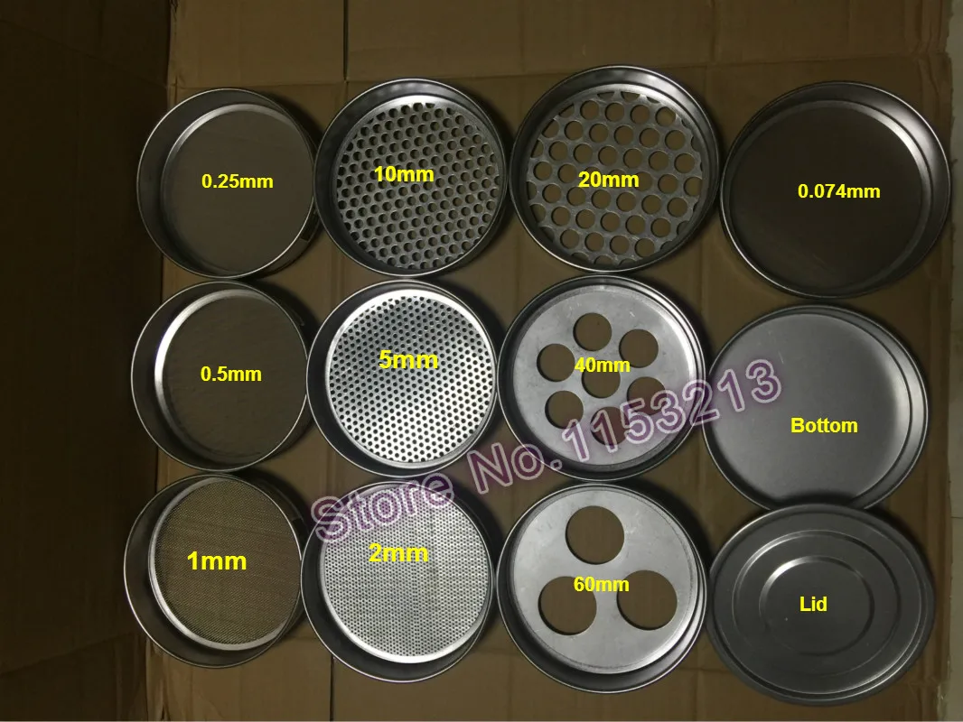 

R20cm Soil sieve Aperture 0.074-60mm total 10 pcs Standard Laboratory Test Sieve Round hole sieve with1 set lid and bottom