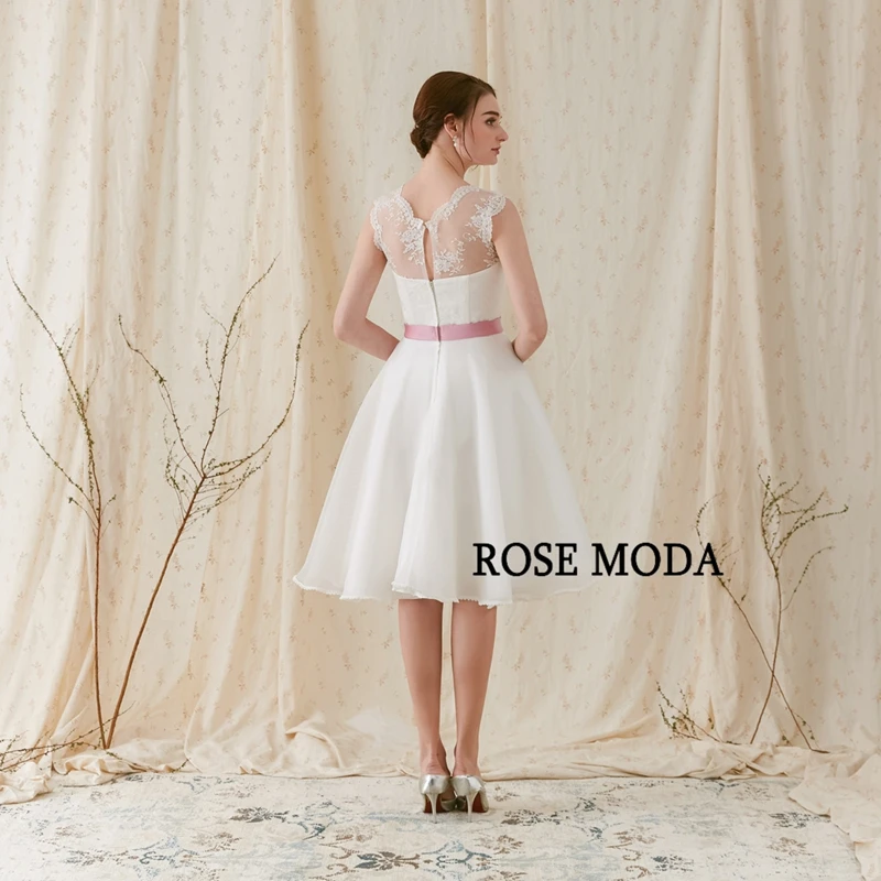 Rose Moda модное Короткое свадебное платье с розовым цветком, v-образным вырезом, длиной до колена, пляжные свадебные платья с кружевной спинкой