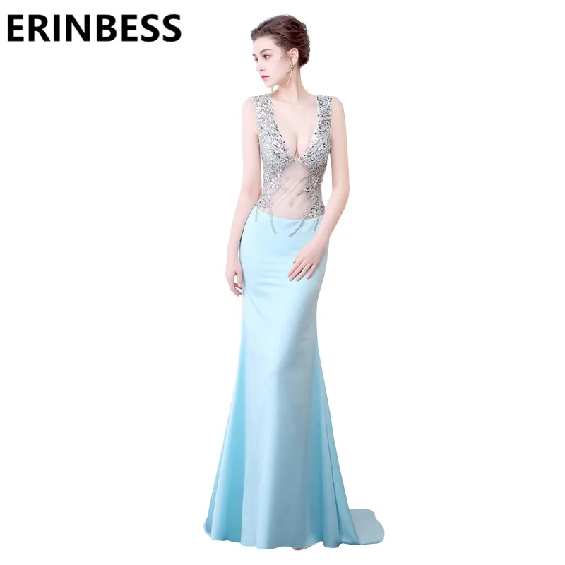 Light Sky Blue Mermaid Evening Dresses See Through V Neck Beaded Rhinestone Long Backless Prom Gowns For Women | Свадьбы и торжества