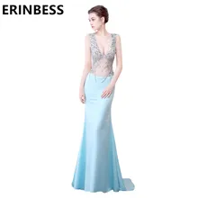 Light Sky Blue Mermaid Evening Dresses See Through V Neck Beaded Rhinestone Long Backless Prom Gowns For Women