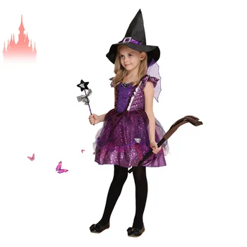 

Halloween Cosplay Children Costumes Cute Witch Princess Dress With Black Witch Hat And Magic Wand A Purple Wing And Gloves