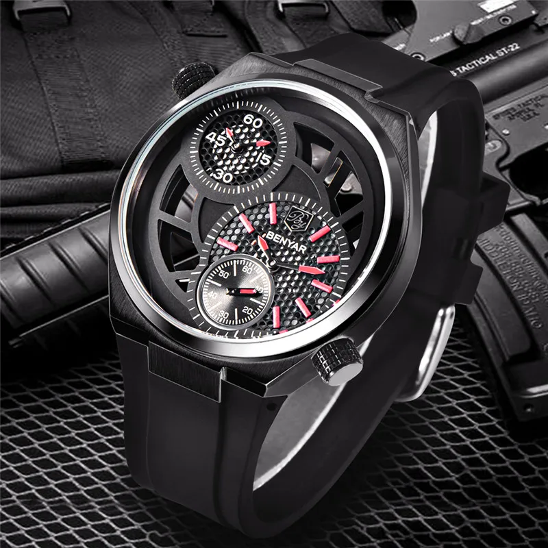

BENYAR Men's Watch Waterproof Quartz Wrist Watches Dual Time Zone Unique Hollow Rubber Strap Pilot Outdoor Male Clock relogios