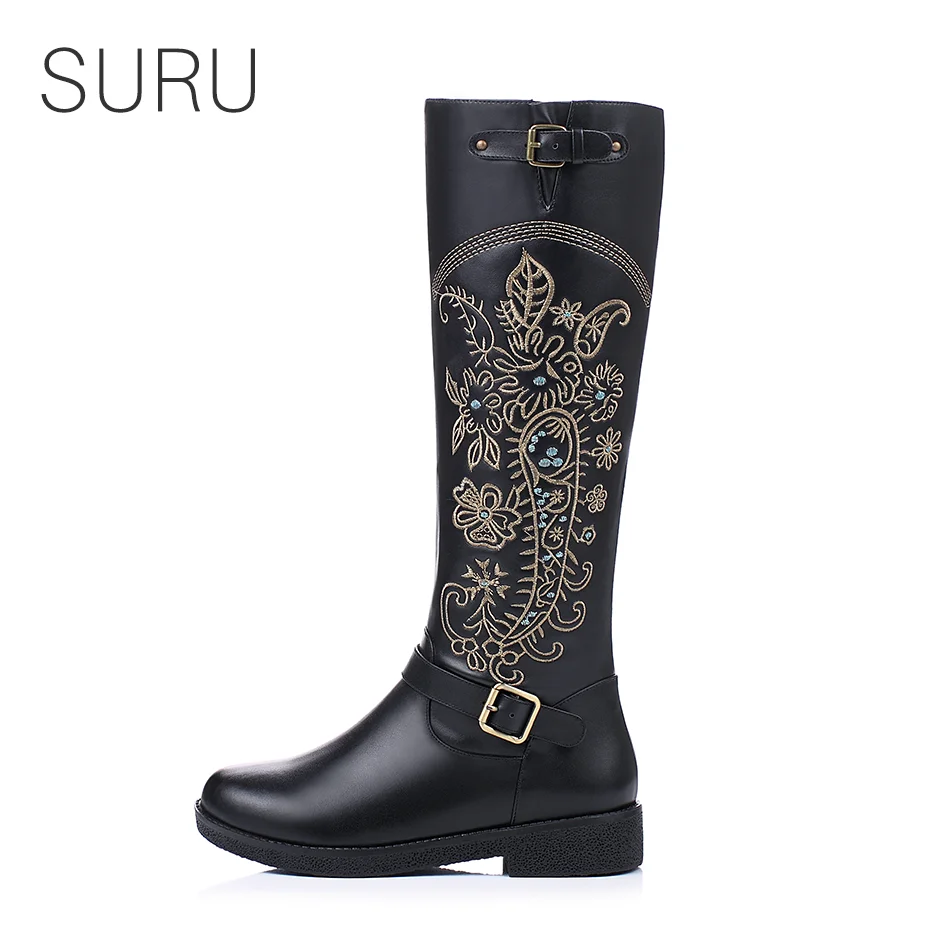 

SURU Embroider Western Boots Cowboy Boots Women Knee High Buckle Autumn Winter Boots Leather Ladies Boots