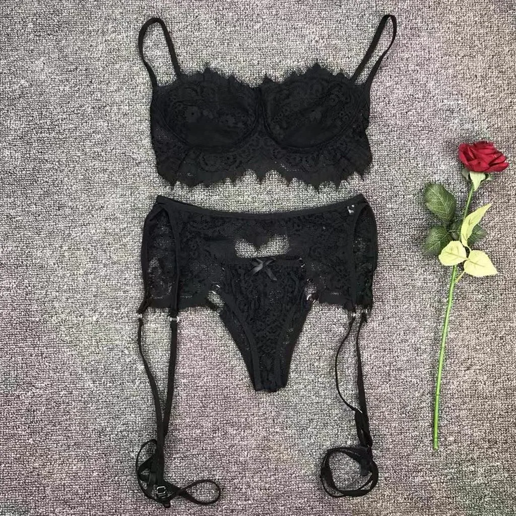 Женский кружевной ансамбль Soutien Gorge Culotte, сексуальное женское белье, бюстгальтер на бретельках и трусики, набор подвязок, нижнее белье, Babydoll Lenceria Mujer - Цвет: Black