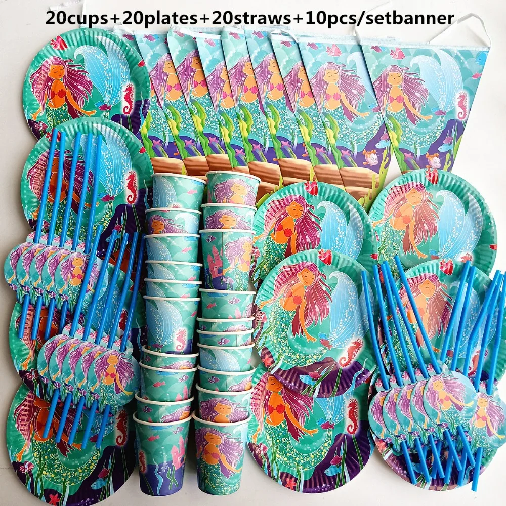 

70pcs Mermaid Theme happy Birthday Party Decorations Kids Adult baby shower Tableware Set Paper Plate girl Favor Party Supplies