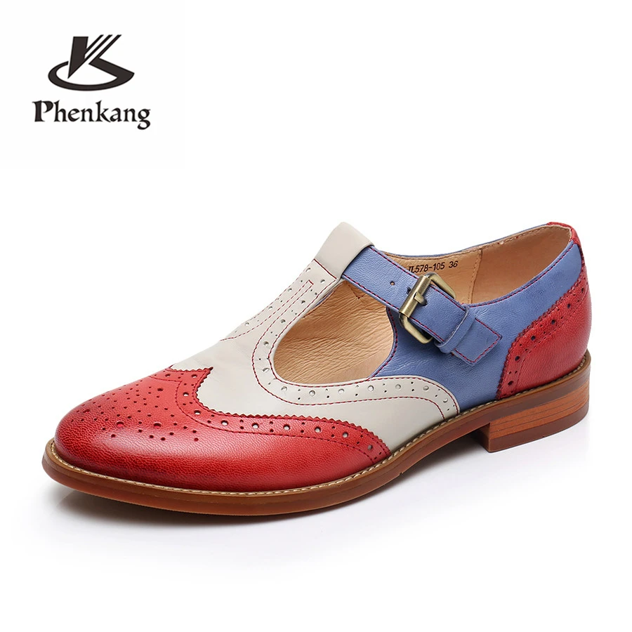 

Genuine leather brogues designer yinzo vintage flats shoes handmade green red yellow oxford shoes for women 2018 spring summer