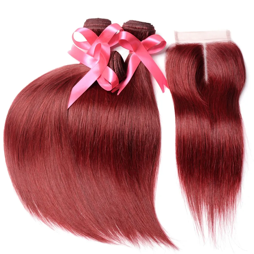 Bold Red 99J Hair 3 Bundles With Closure Burgundy Brazilian Straight Human Hair Weave Bundle With Closure Pinshair Nonremy Cheap (90)