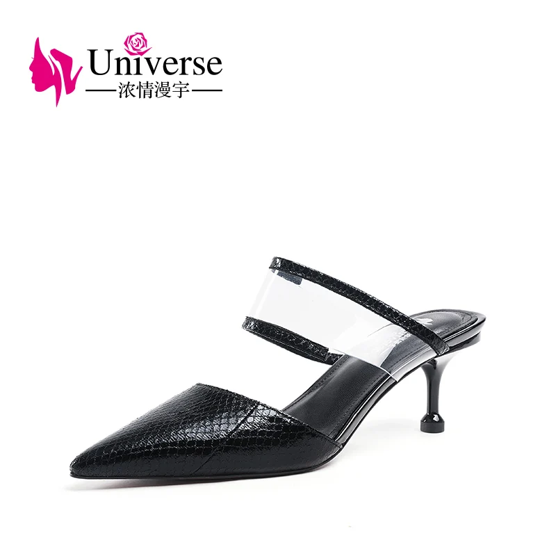 

Universe Snake Print Women Summer Slippers High Heels 6cm Outdoor Pointed Toe Thin Heels Solid Black Ladies Slippers 2019 J171
